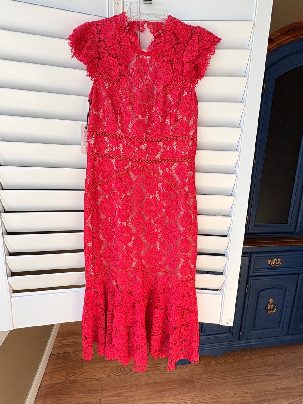 Red Lace Dress with Ruffle Hem by Saylor